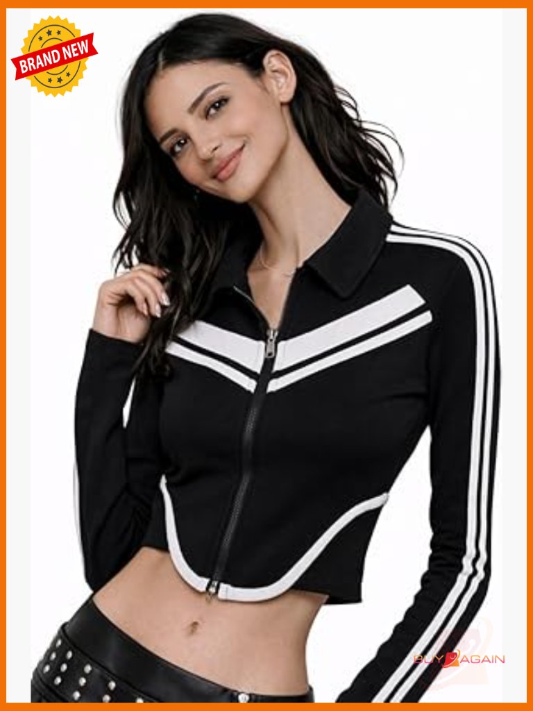Cropped Track Jacket With Contrast Piping, Fitted Streetwear, Zip Up